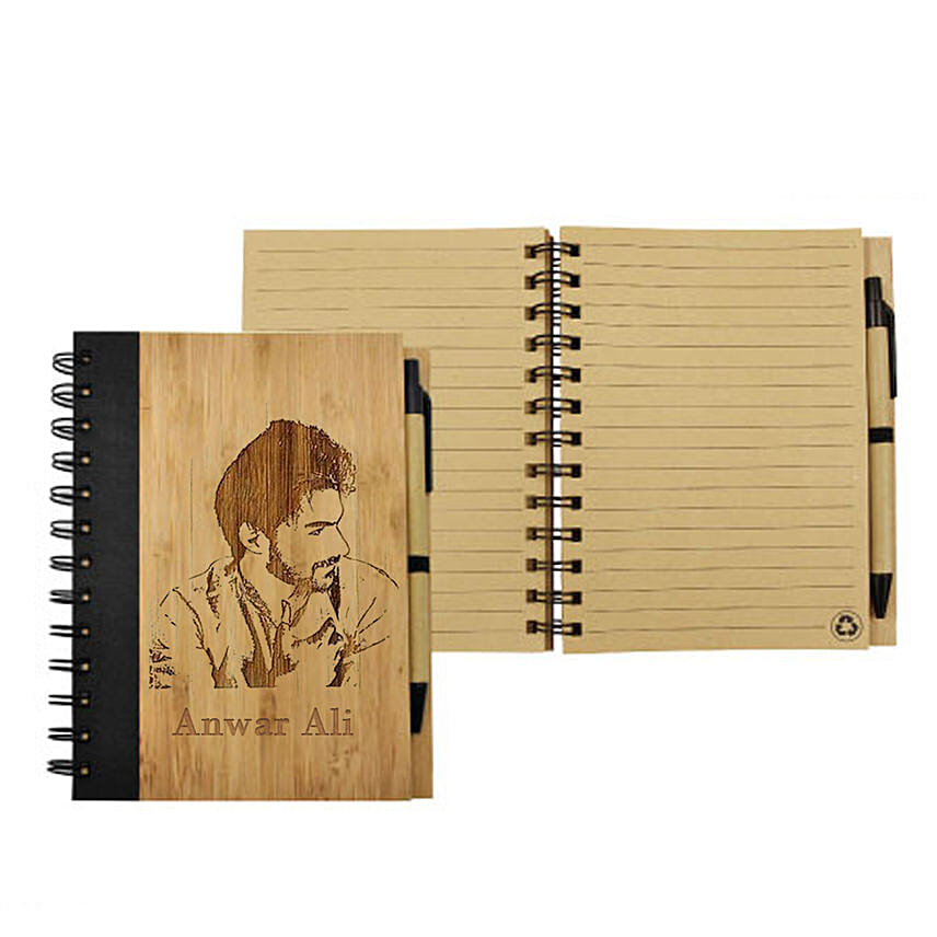 Photo Engraved Bamboo Notebook With Pen: Bhai Dooj Personalised Gifts