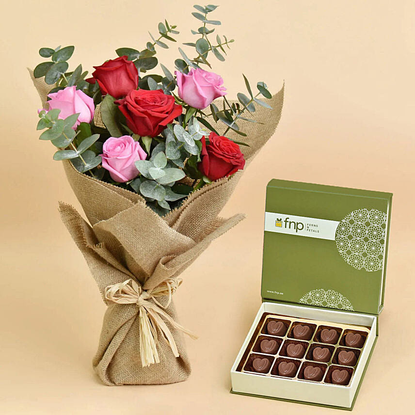 3 Pink 3 Red Roses Valentines Bouquet And Chocolates: 