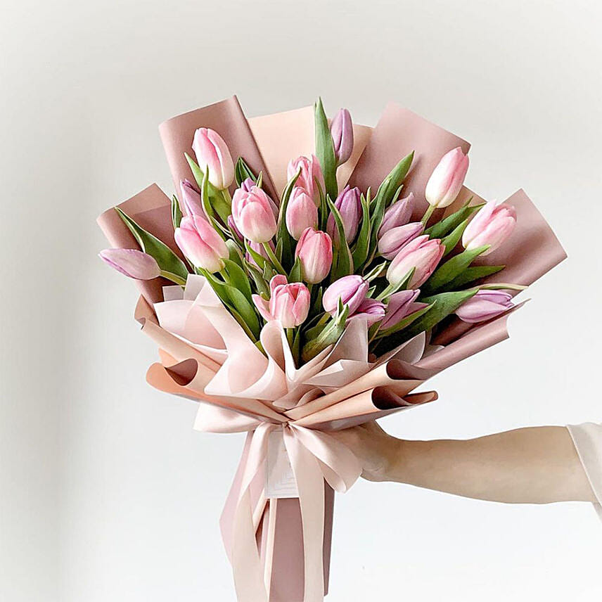 Lovely Pink N Light Pink Tulips Bouquet: Lilies Flowers